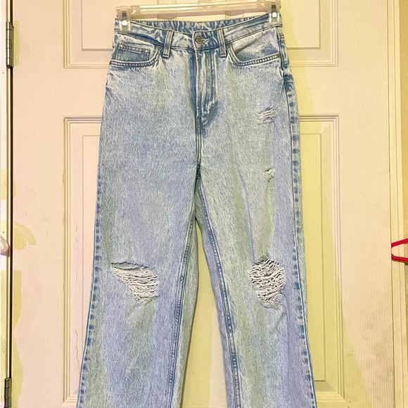 Denim Hole Washed Wide Leg Loose Boyfriend Jeans 100% Cotton - Picture 5 of 6